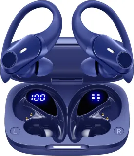 GOLREX Wireless Earbuds Bluetooth Headphones 80H Playtime Ear Buds with Wireless Charging Case & Dual LED Power Display Over-Ear Earphones with Earhooks for Sports Running Workout Blue