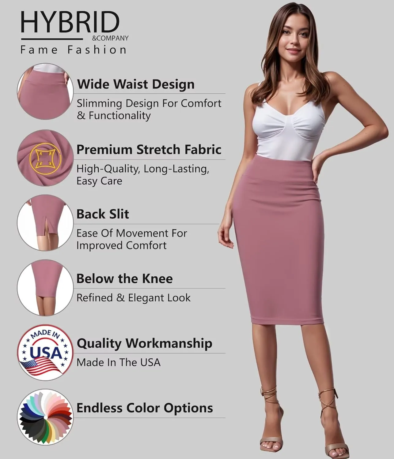 Hybrid & Company Women's Premium Nylon Ponte Stretch High Waist Pencil Suit Skirt Below Knee