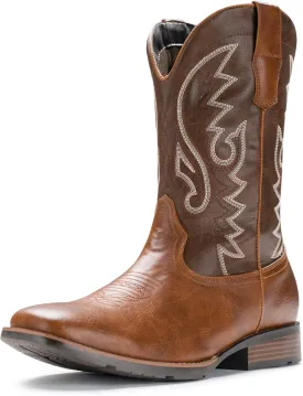 IUV Cowboy Boots For Men with Wide Square Toe Western Retro Boot Durable Classic Fashionable Embroidered Pull On Slip Resistant Boots