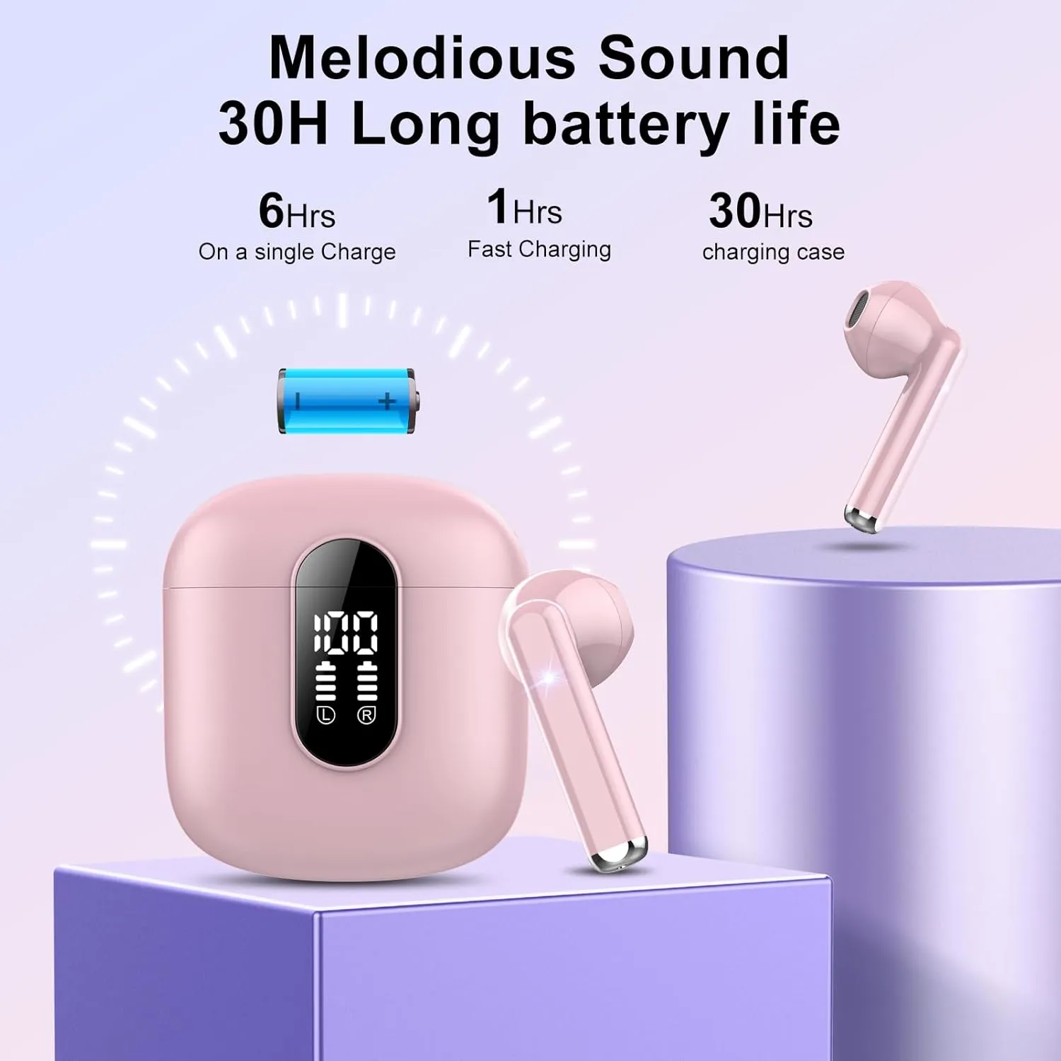 Jesebang Wireless Earbuds, 2024 Bluetooth 5.3 Headphones, Stereo Earphones with ENC Mic, Wireless Headphones in Ear Earbuds with Dual LED Display, 30H Playtime, Gym IP7 Waterproof, Pink