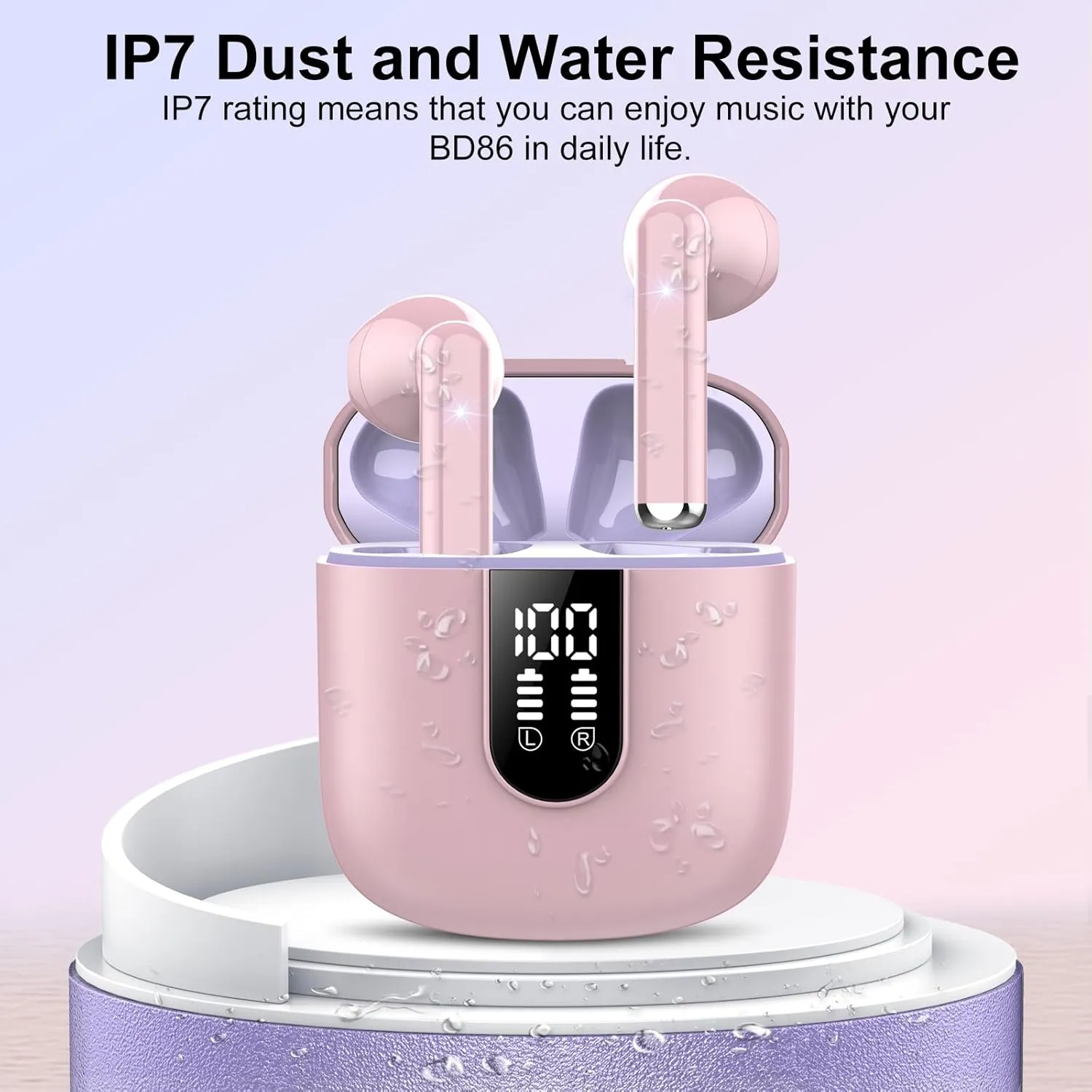 Jesebang Wireless Earbuds, 2024 Bluetooth 5.3 Headphones, Stereo Earphones with ENC Mic, Wireless Headphones in Ear Earbuds with Dual LED Display, 30H Playtime, Gym IP7 Waterproof, Pink