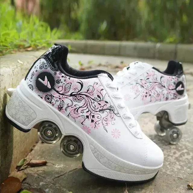 Kick Speed Four-Wheel 2 in 1 Deformation Roller Skate Shoes