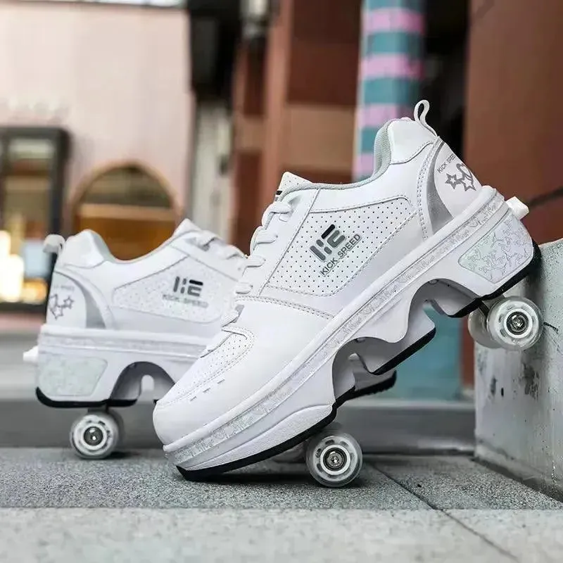 Kick Speed Four-Wheel 2 in 1 Deformation Roller Skate Shoes