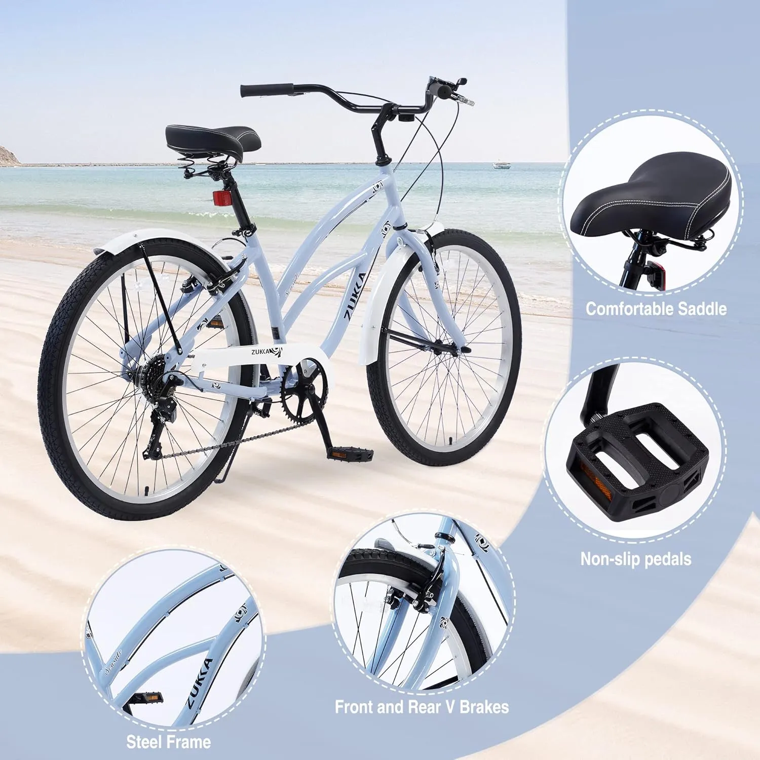 MEGHNA Beach Cruiser Bike 26inch Wheel Bike 7 Speed Driven System V-Brake Comfortable Saddle Commuter Bike for Women Men Senior