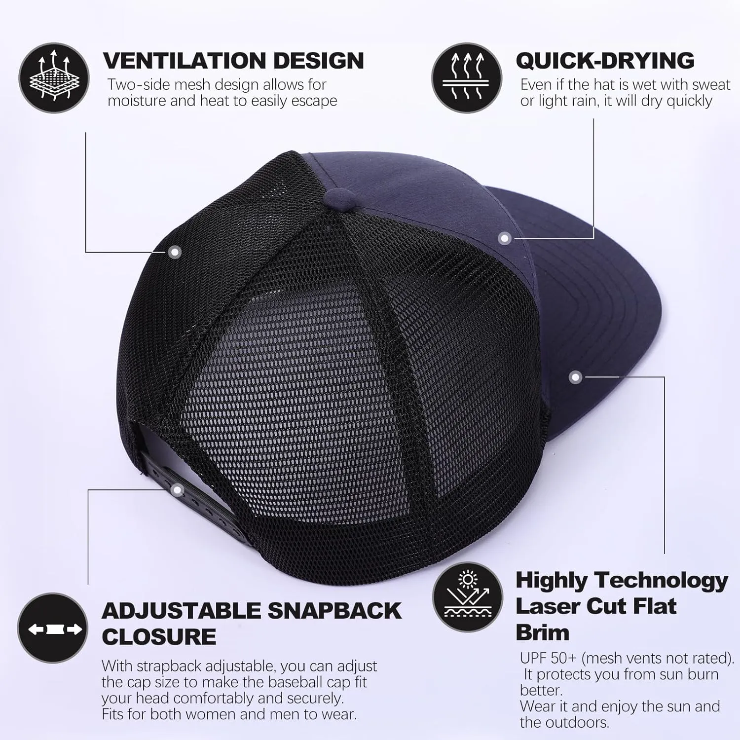 Men Flat Brim Baseball Cap Adjustable Performance Snapback Hat Laser Perforated Breathable Mesh Sport Cap