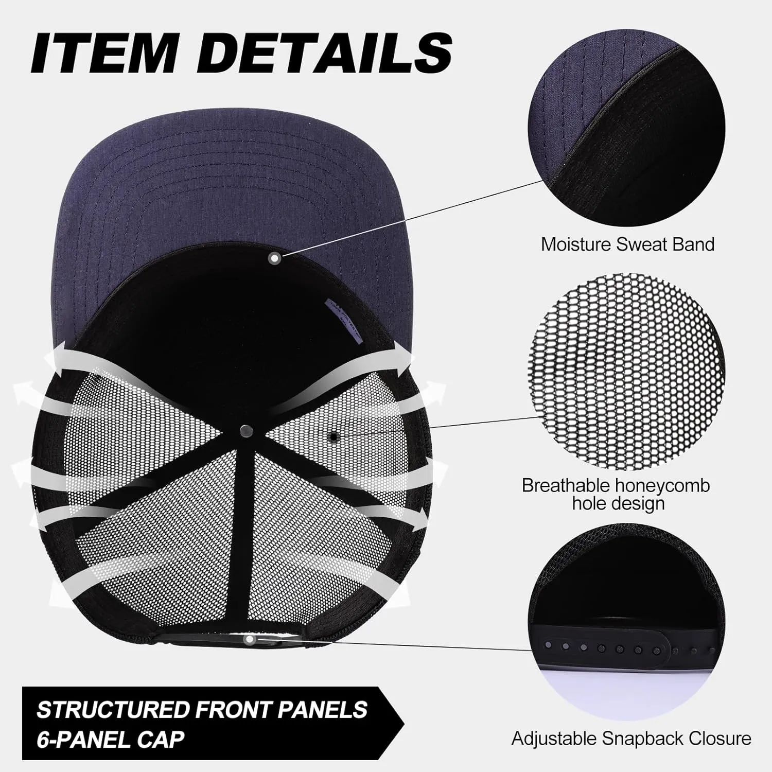 Men Flat Brim Baseball Cap Adjustable Performance Snapback Hat Laser Perforated Breathable Mesh Sport Cap