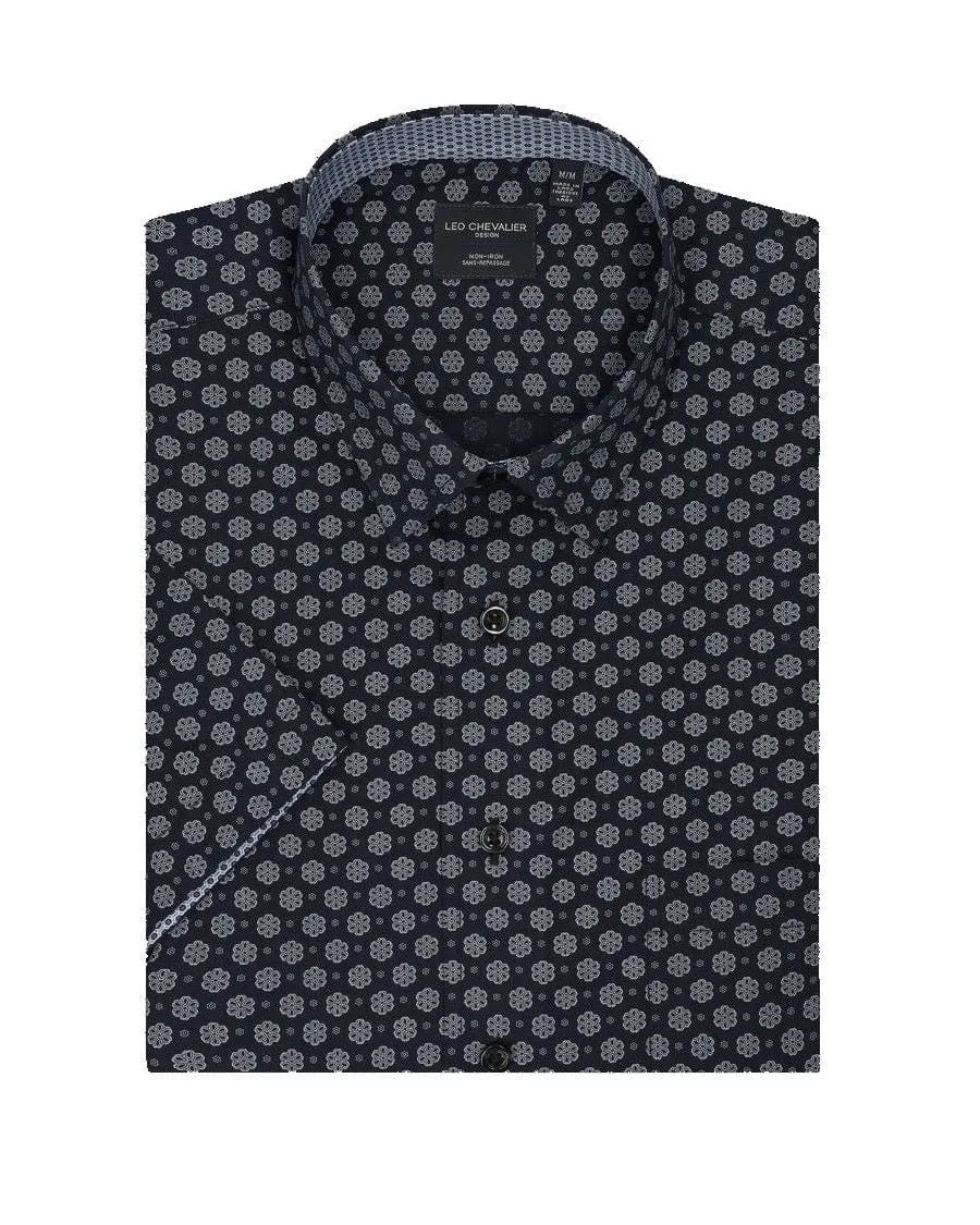 Navy Pattern Hidden Down Collar 100% Cotton Short Sleeve Shirts