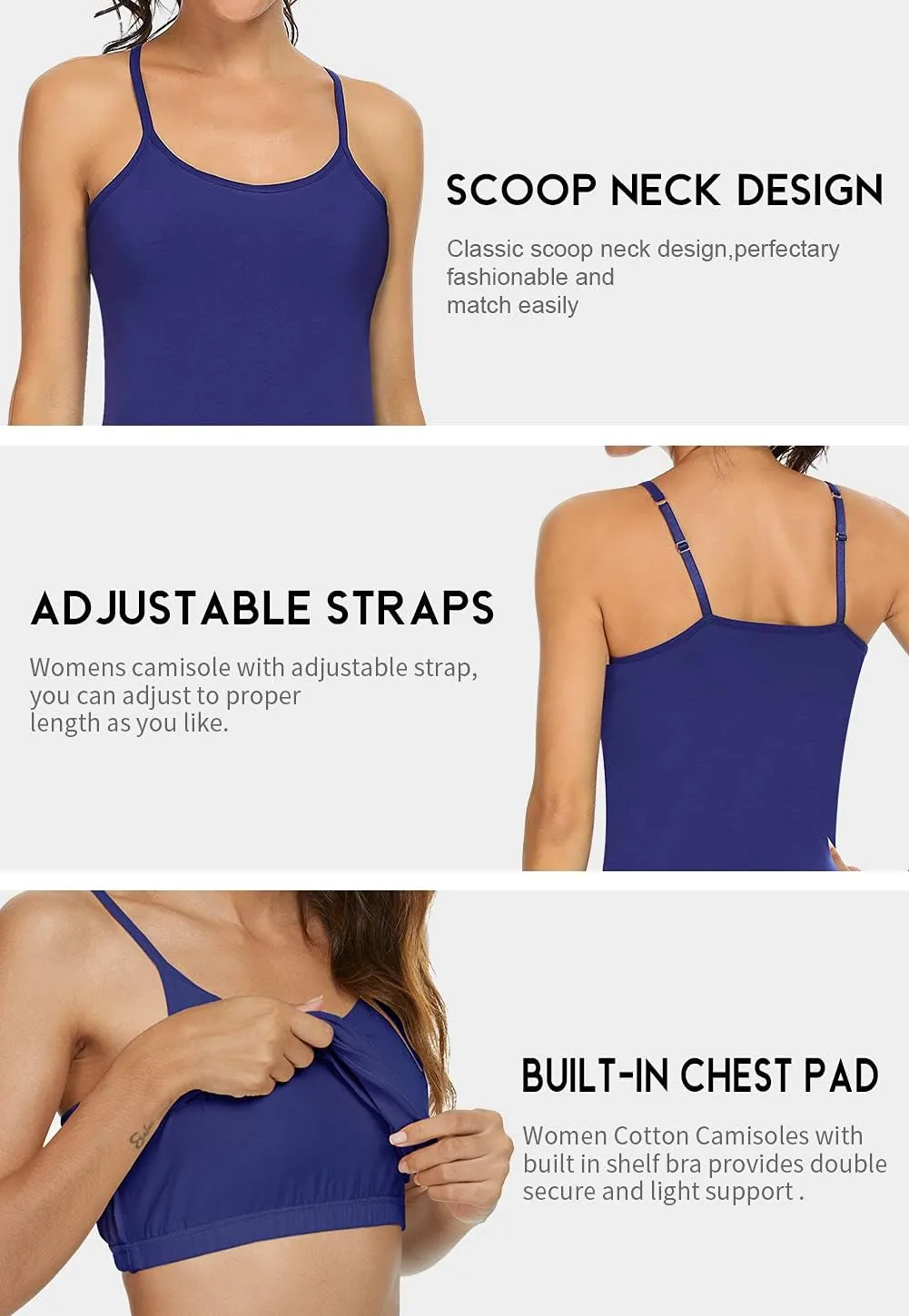 Orrpally Women Cotton Camisole Shelf Bra Cami Tank Tops Adjustable Spaghetti Strap Tank Top 3-Pack