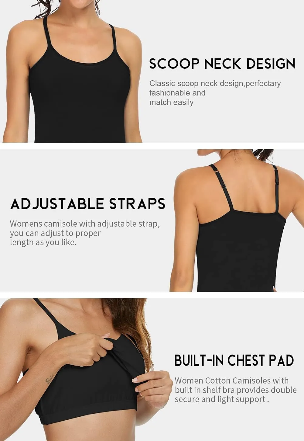 Orrpally Women Cotton Camisole Shelf Bra Cami Tank Tops Adjustable Spaghetti Strap Tank Top 3-Pack