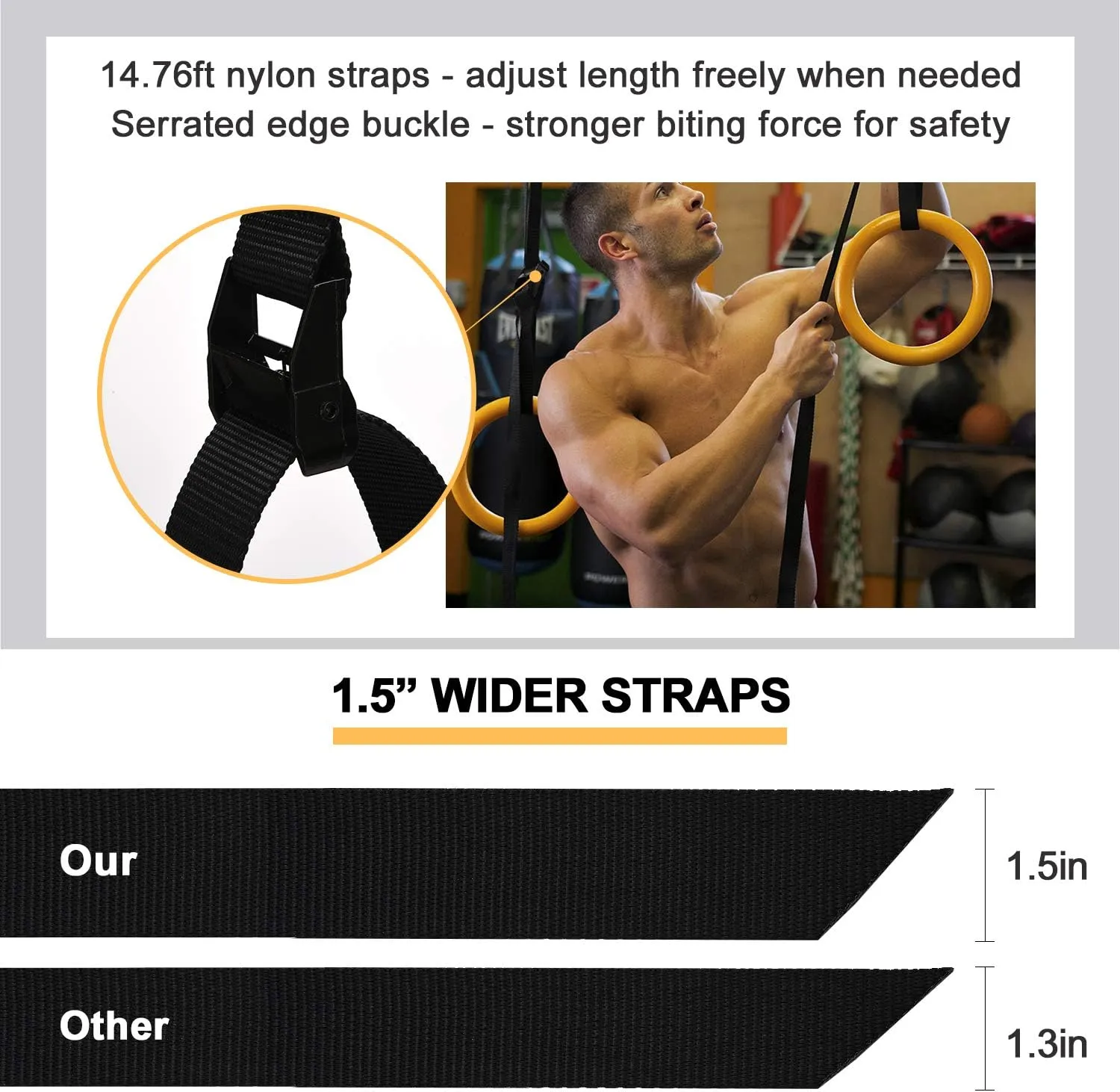 PACEARTH Gymnastic Rings 1100lbs Capacity with 14.76ft Adjustable Buckle Straps Pull Up Exercise Rings Non-Slip Rings for Home Gym Full Body Workout