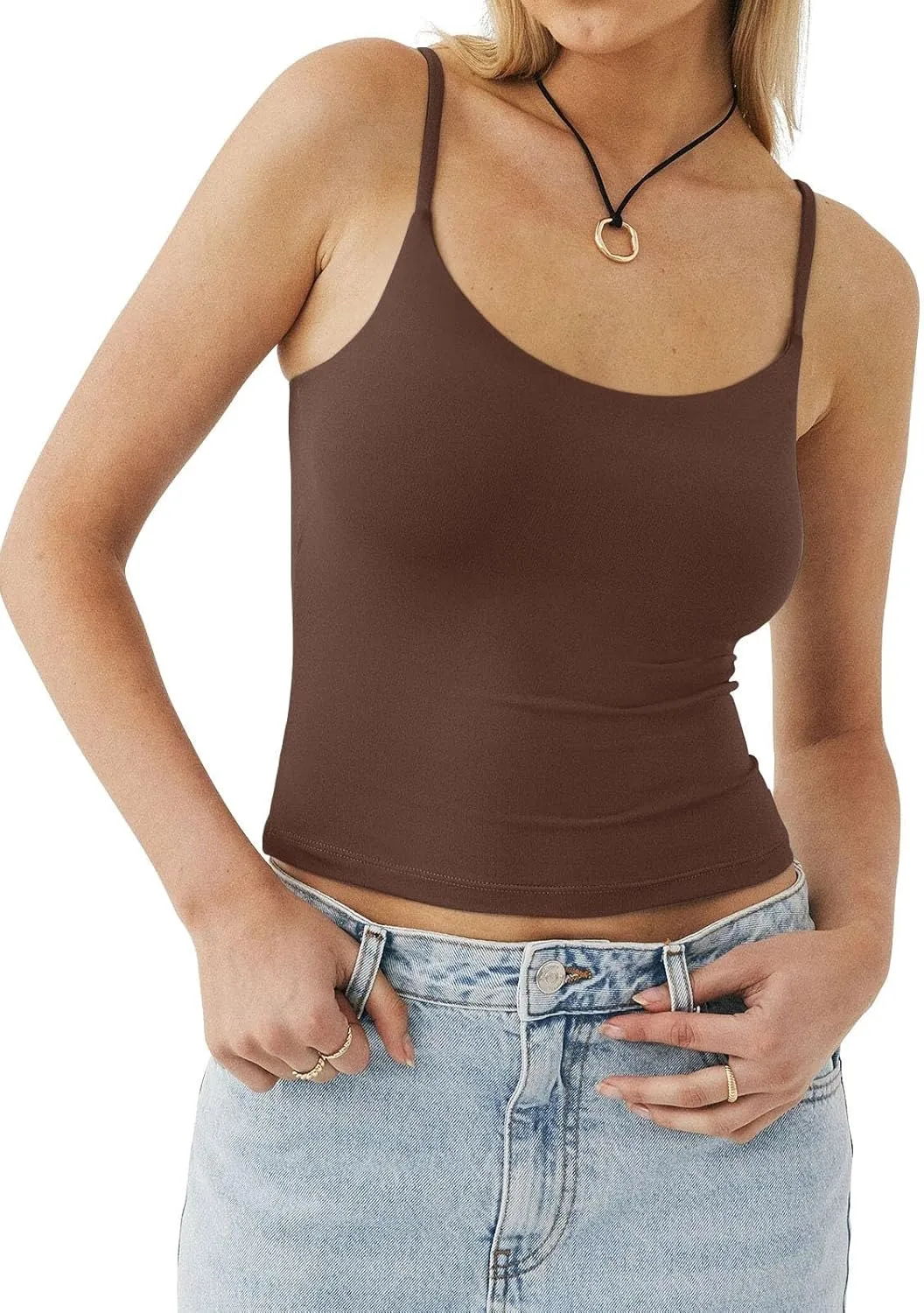 PINKMSTYLE Women's Basic Double Lined Scoop Neck Tank Tops Adjustable Cami Tank Summer Sleeveless Tops