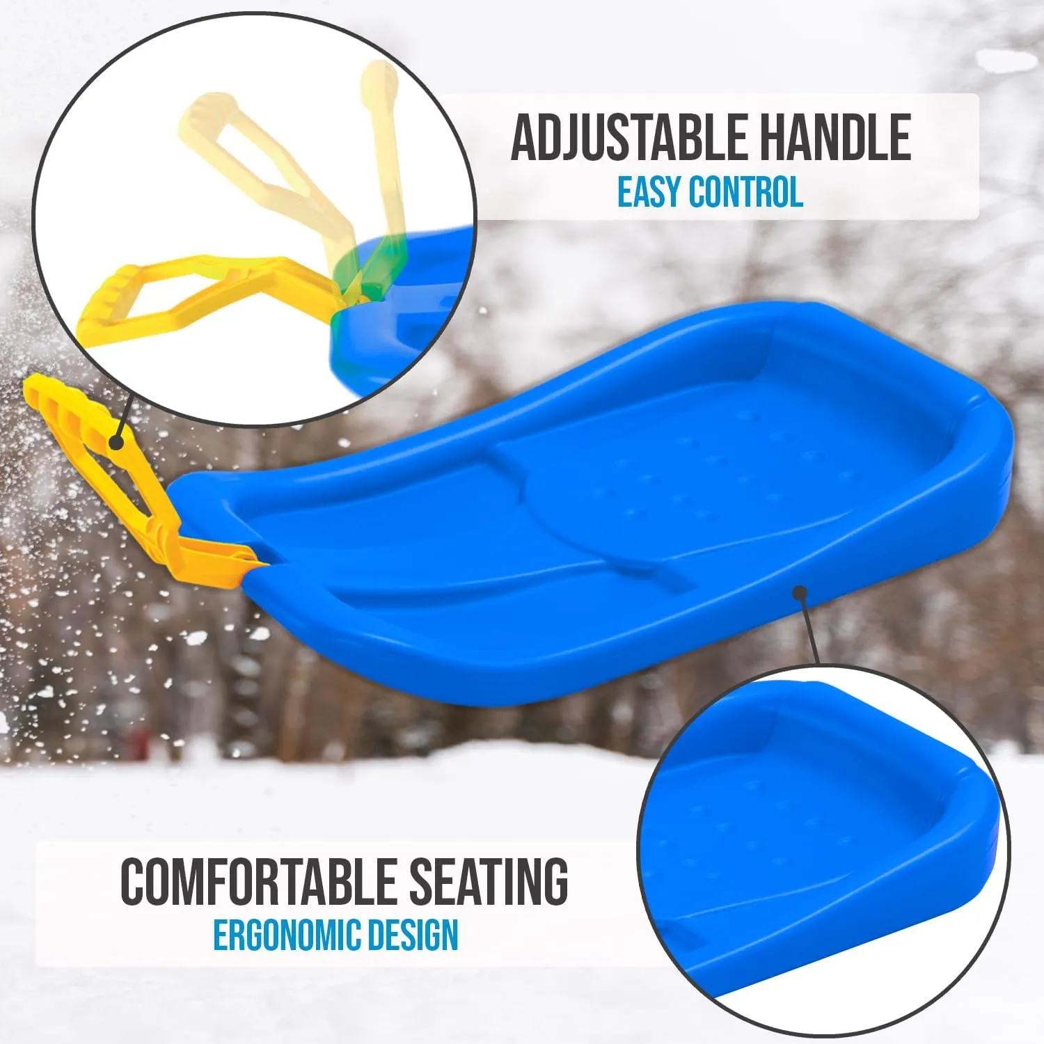 Snow Sled for Kids - SnowPilot Slider - Single Rider Downhill Toboggan with Adjustable Handle; Outdoor Plastic Winter Sleigh for Toddlers & Kids