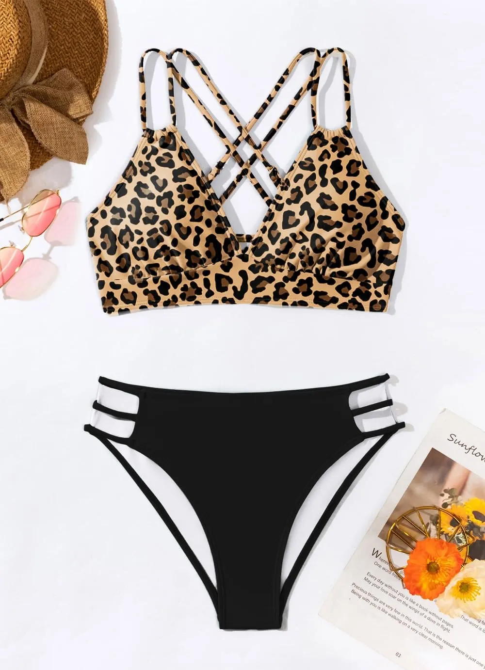 Tainehs Women's Push Up V Neck Bikini Sets Criss Cross Back Two Piece Bathing Suit