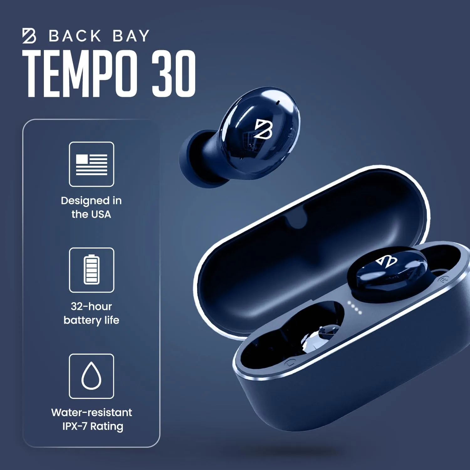 Tempo 30 Wireless Earbuds for Small Ears - Award-Winning Sound, Sweatproof Bluetooth Earbuds, Comfortable Ear Buds for Women, Navy Earphones for Small Ear Canals, Long Battery Headphone