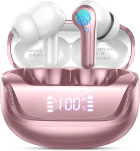 Wireless Earbuds Bluetooth 5.4 Headphones Noise Cancelling, 4 Microphone Bluetooth Ear Bud with Dynamic Drivers Stereo, Sports Earphones Wireless with LED Power Display for Laptop Pad Phones