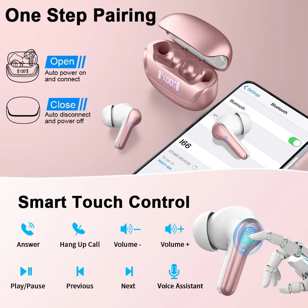 Wireless Earbuds Bluetooth 5.4 Headphones Noise Cancelling, 4 Microphone Bluetooth Ear Bud with Dynamic Drivers Stereo, Sports Earphones Wireless with LED Power Display for Laptop Pad Phones