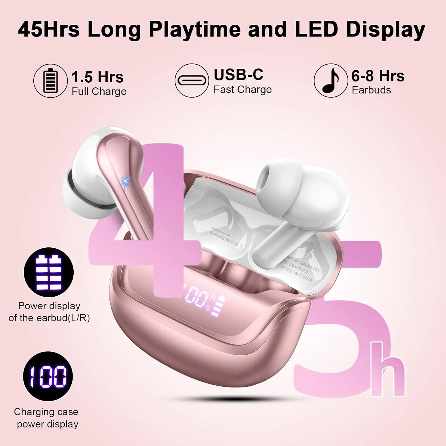 Wireless Earbuds Bluetooth 5.4 Headphones Noise Cancelling, 4 Microphone Bluetooth Ear Bud with Dynamic Drivers Stereo, Sports Earphones Wireless with LED Power Display for Laptop Pad Phones