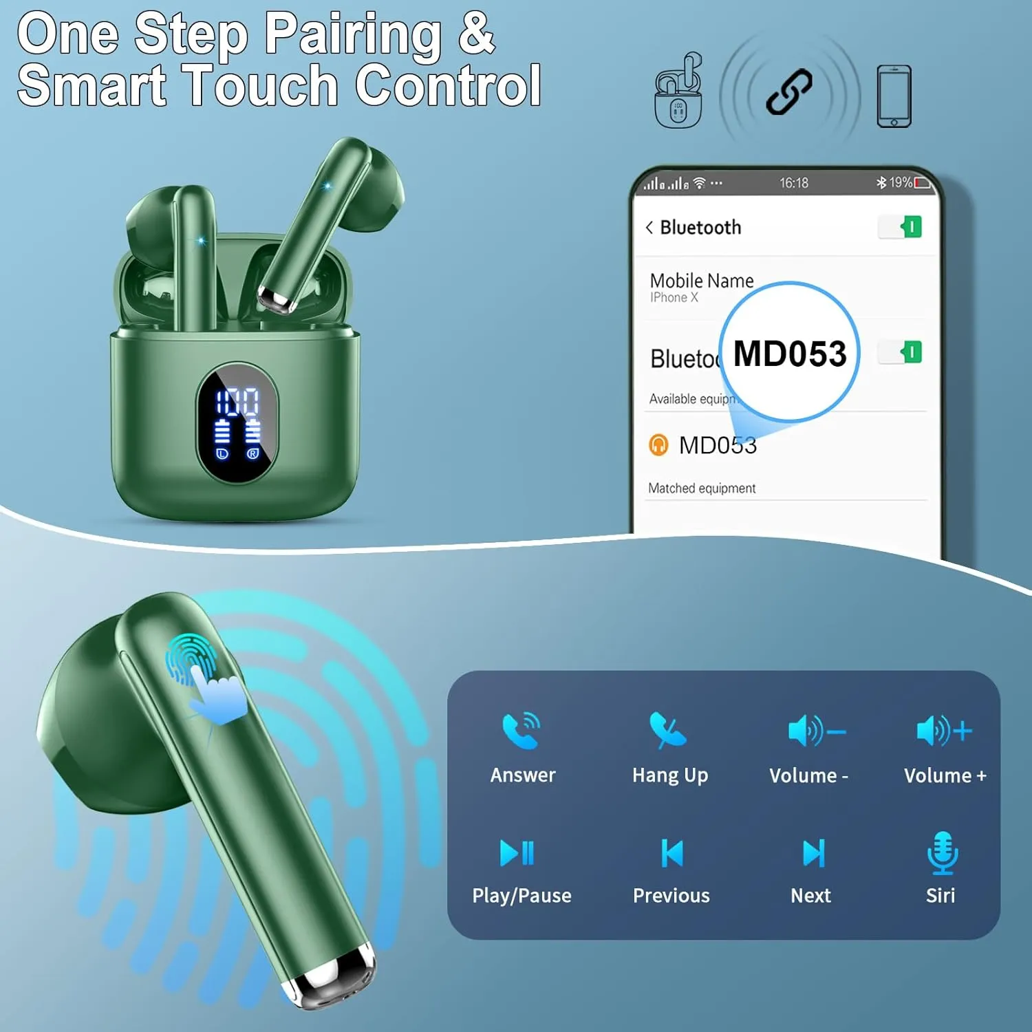 Wireless Earbuds, Bluetooth Headphones 5.4 with ENC Noise Cancelling Mics, 30H Bluetooth Ear Buds 3D Bass with LED Display Charging Case, IP7 Waterproof Wireless Earphones for Android, iOS, Green