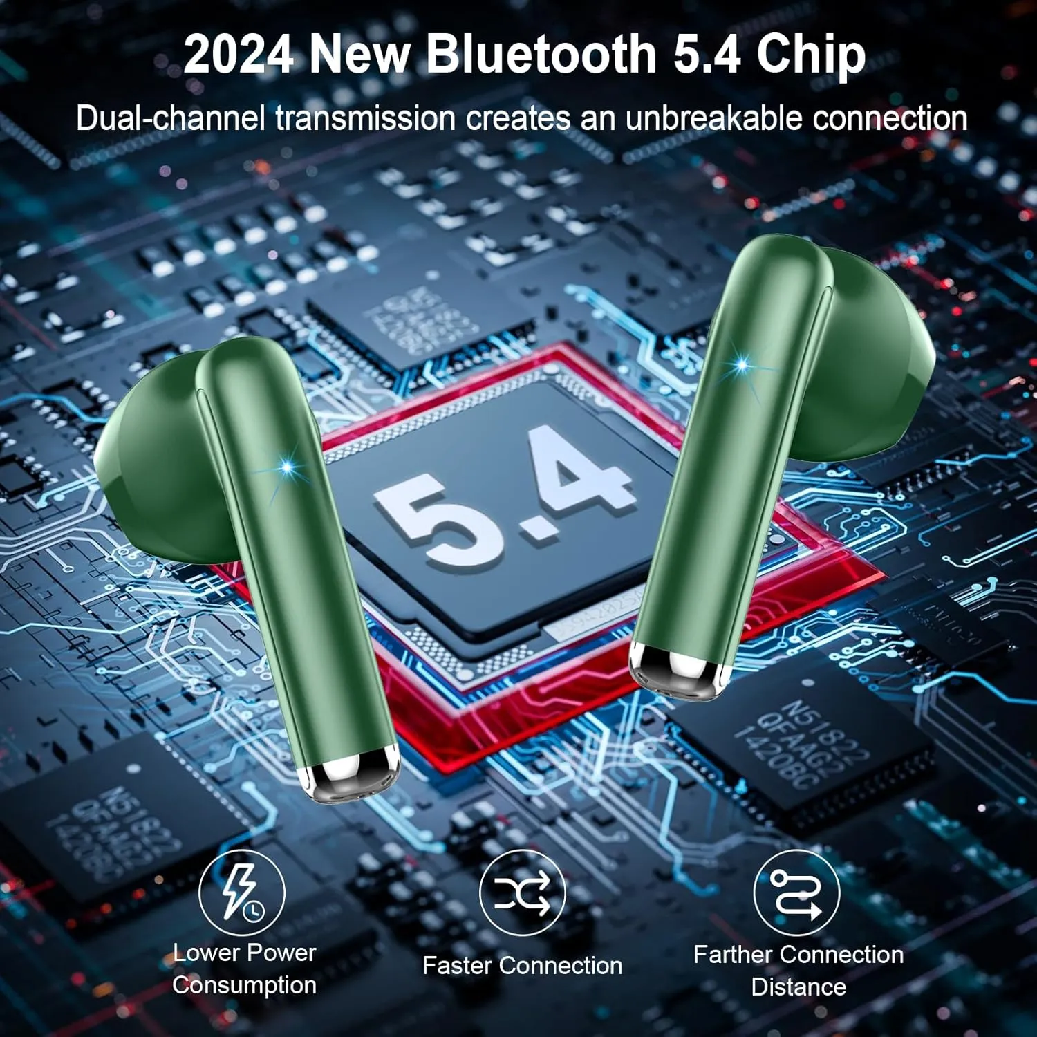 Wireless Earbuds, Bluetooth Headphones 5.4 with ENC Noise Cancelling Mics, 30H Bluetooth Ear Buds 3D Bass with LED Display Charging Case, IP7 Waterproof Wireless Earphones for Android, iOS, Green
