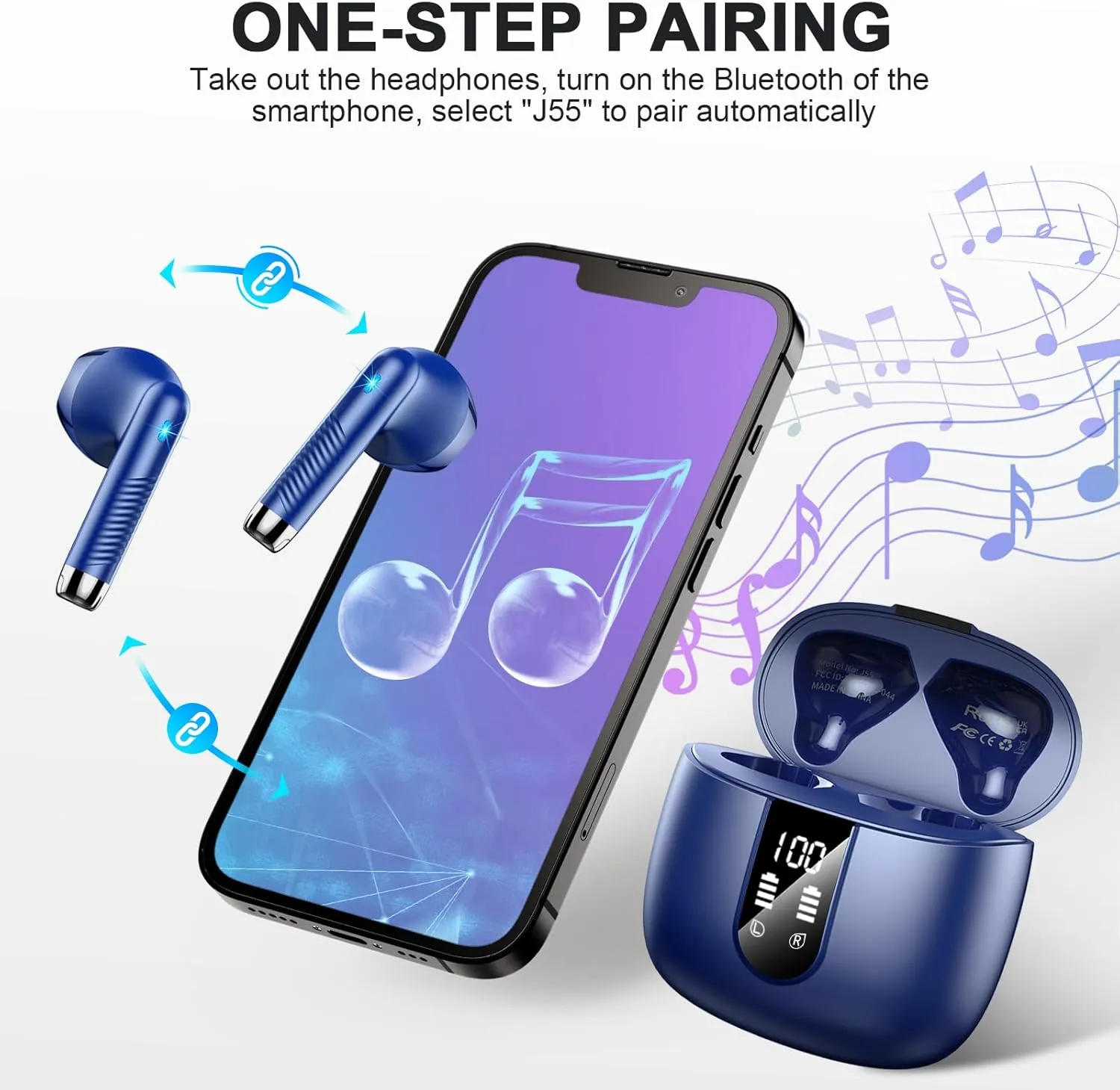 Wireless Earbuds, Bluetooth Headphones V5.4 Stereo Bass Ear buds with ENC Noise Cancelling Mics, 40H Bluetooth Earbuds with LED Display Charging Case, IP7 Waterproof Earphones for Android iOS, Blue