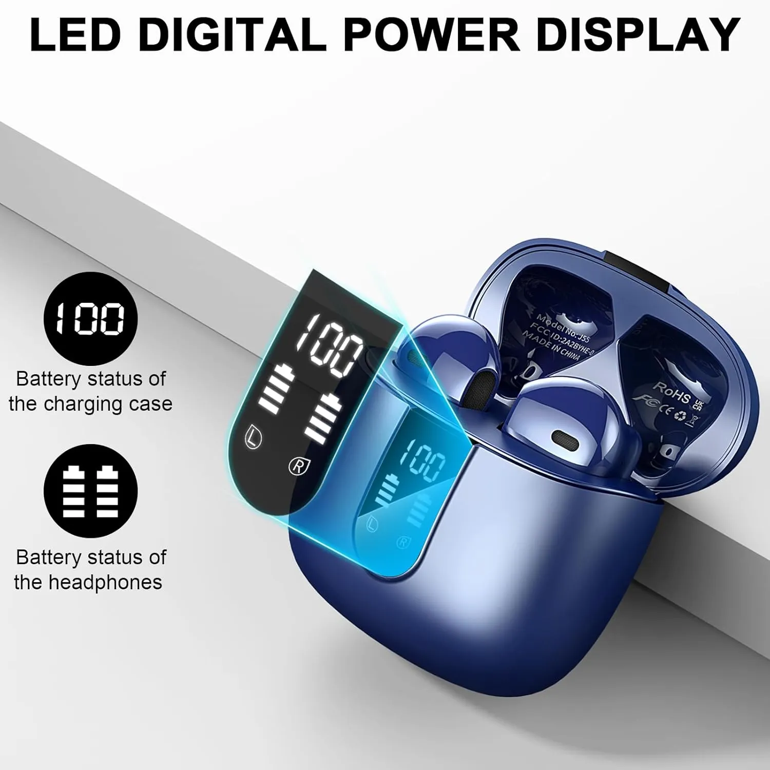 Wireless Earbuds, Bluetooth Headphones V5.4 Stereo Bass Ear buds with ENC Noise Cancelling Mics, 40H Bluetooth Earbuds with LED Display Charging Case, IP7 Waterproof Earphones for Android iOS, Blue