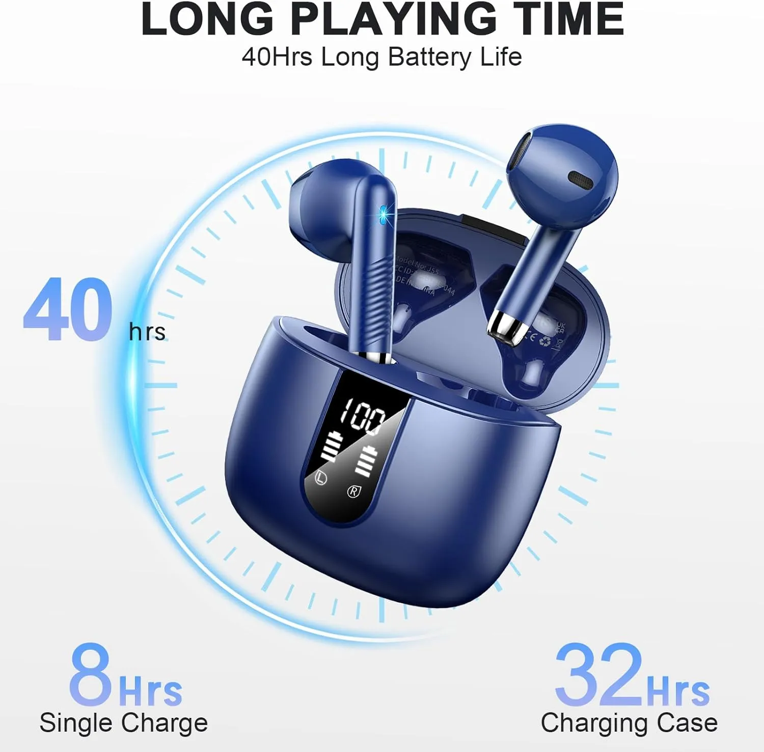 Wireless Earbuds, Bluetooth Headphones V5.4 Stereo Bass Ear buds with ENC Noise Cancelling Mics, 40H Bluetooth Earbuds with LED Display Charging Case, IP7 Waterproof Earphones for Android iOS, Blue