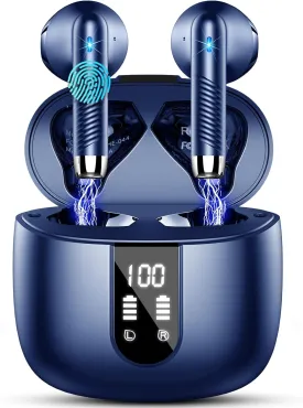 Wireless Earbuds, Bluetooth Headphones V5.4 Stereo Bass Ear buds with ENC Noise Cancelling Mics, 40H Bluetooth Earbuds with LED Display Charging Case, IP7 Waterproof Earphones for Android iOS, Blue