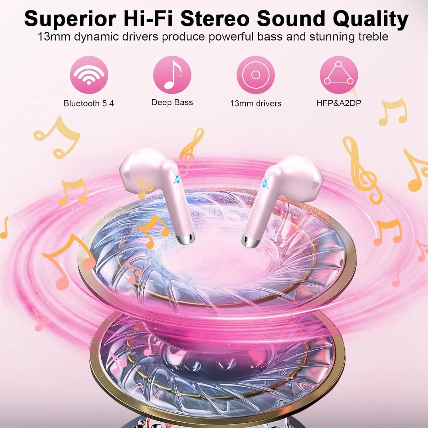 Wireless Earbuds, Bluetooth Headphones V5.4 Stereo Bass Ear buds with ENC Noise Cancelling Mics,56H Bluetooth Earbuds with LED Display Charging Case, IP7 Waterproof Earphones for Android iOS,Deep pink