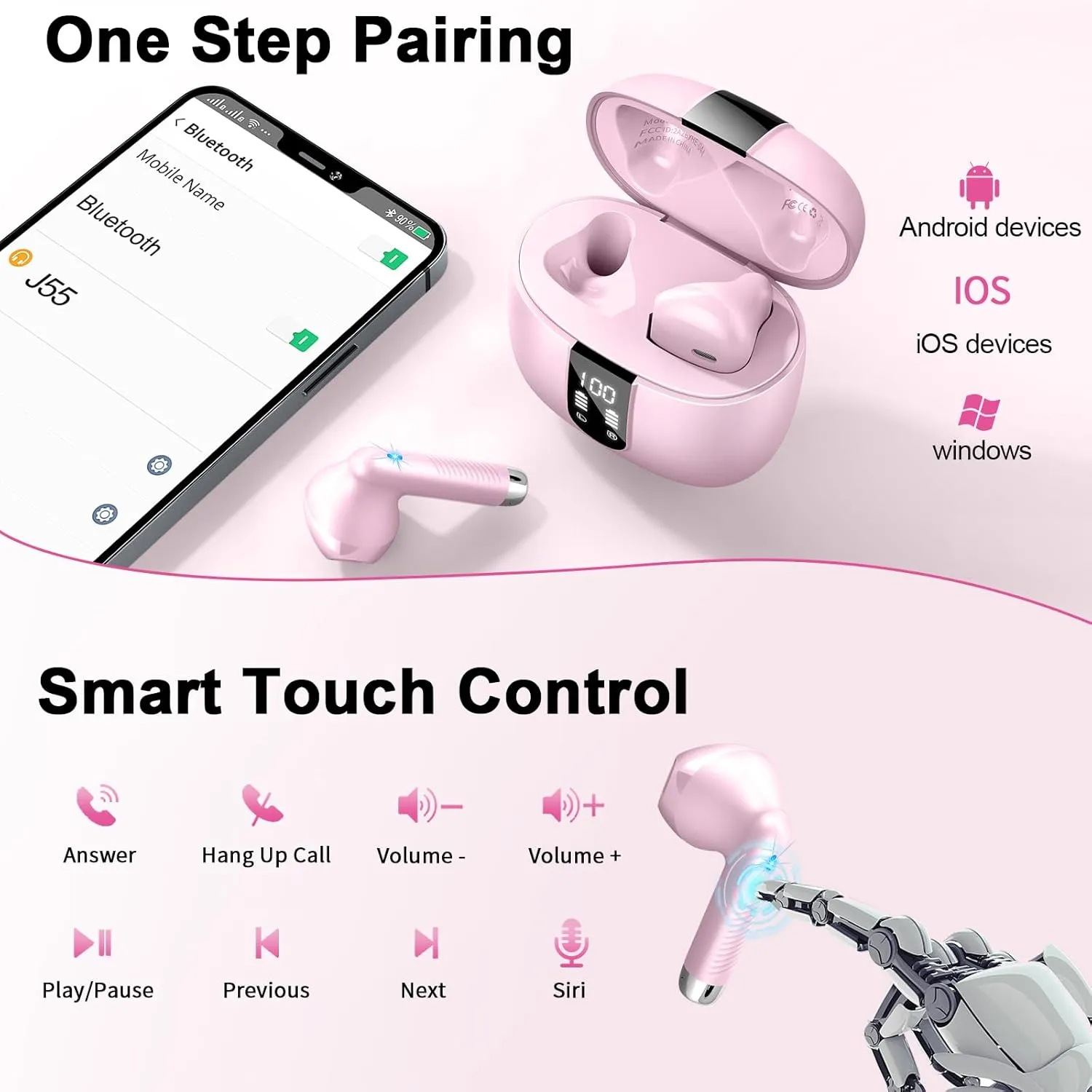 Wireless Earbuds, Bluetooth Headphones V5.4 Stereo Bass Ear buds with ENC Noise Cancelling Mics,56H Bluetooth Earbuds with LED Display Charging Case, IP7 Waterproof Earphones for Android iOS,Deep pink
