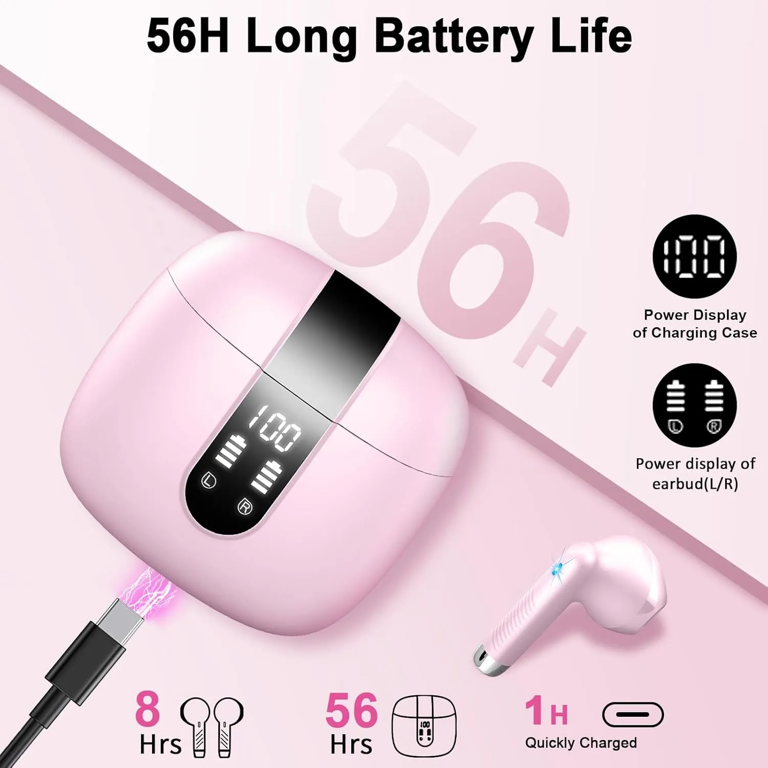 Wireless Earbuds, Bluetooth Headphones V5.4 Stereo Bass Ear buds with ENC Noise Cancelling Mics,56H Bluetooth Earbuds with LED Display Charging Case, IP7 Waterproof Earphones for Android iOS,Deep pink