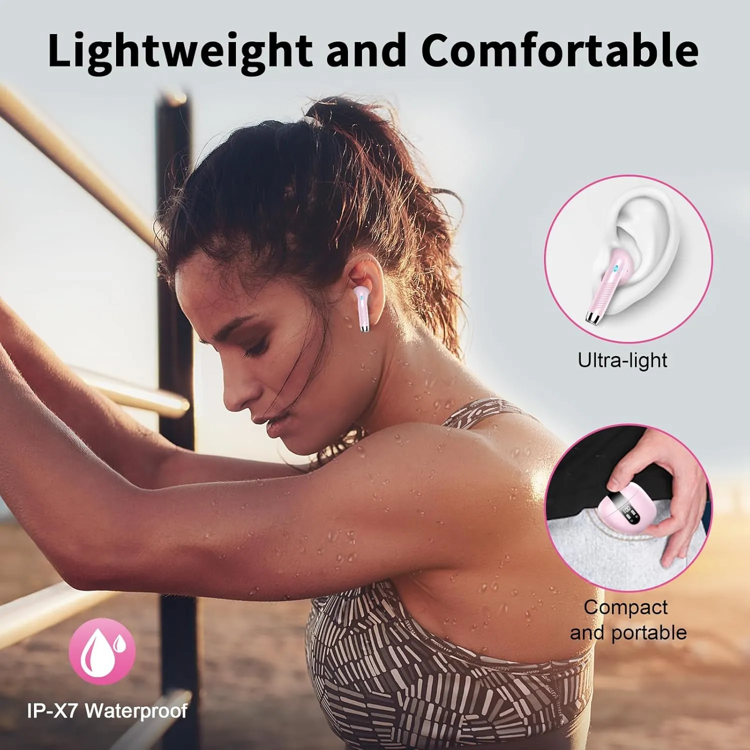 Wireless Earbuds, Bluetooth Headphones V5.4 Stereo Bass Ear buds with ENC Noise Cancelling Mics,56H Bluetooth Earbuds with LED Display Charging Case, IP7 Waterproof Earphones for Android iOS,Deep pink