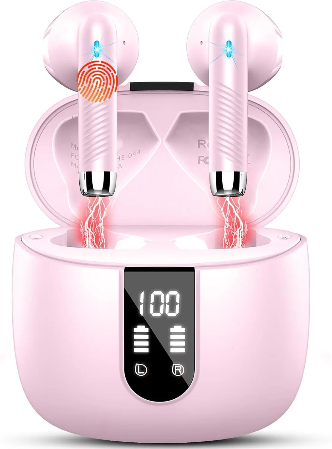 Wireless Earbuds, Bluetooth Headphones V5.4 Stereo Bass Ear buds with ENC Noise Cancelling Mics,56H Bluetooth Earbuds with LED Display Charging Case, IP7 Waterproof Earphones for Android iOS,Deep pink