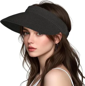 Women Foldable Sun Visor Hat Adjustable Straw Ponytail Summer Beach Cap UV Protection
