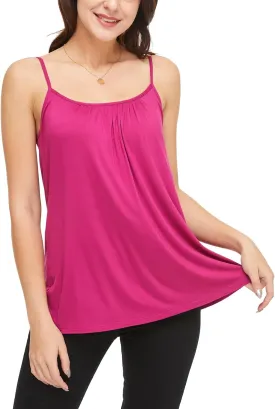 Women's Cami with Built in Bra Cup Casual Flowy Swing Pleated Tank Top with Adjustable Strap (S-4XL)