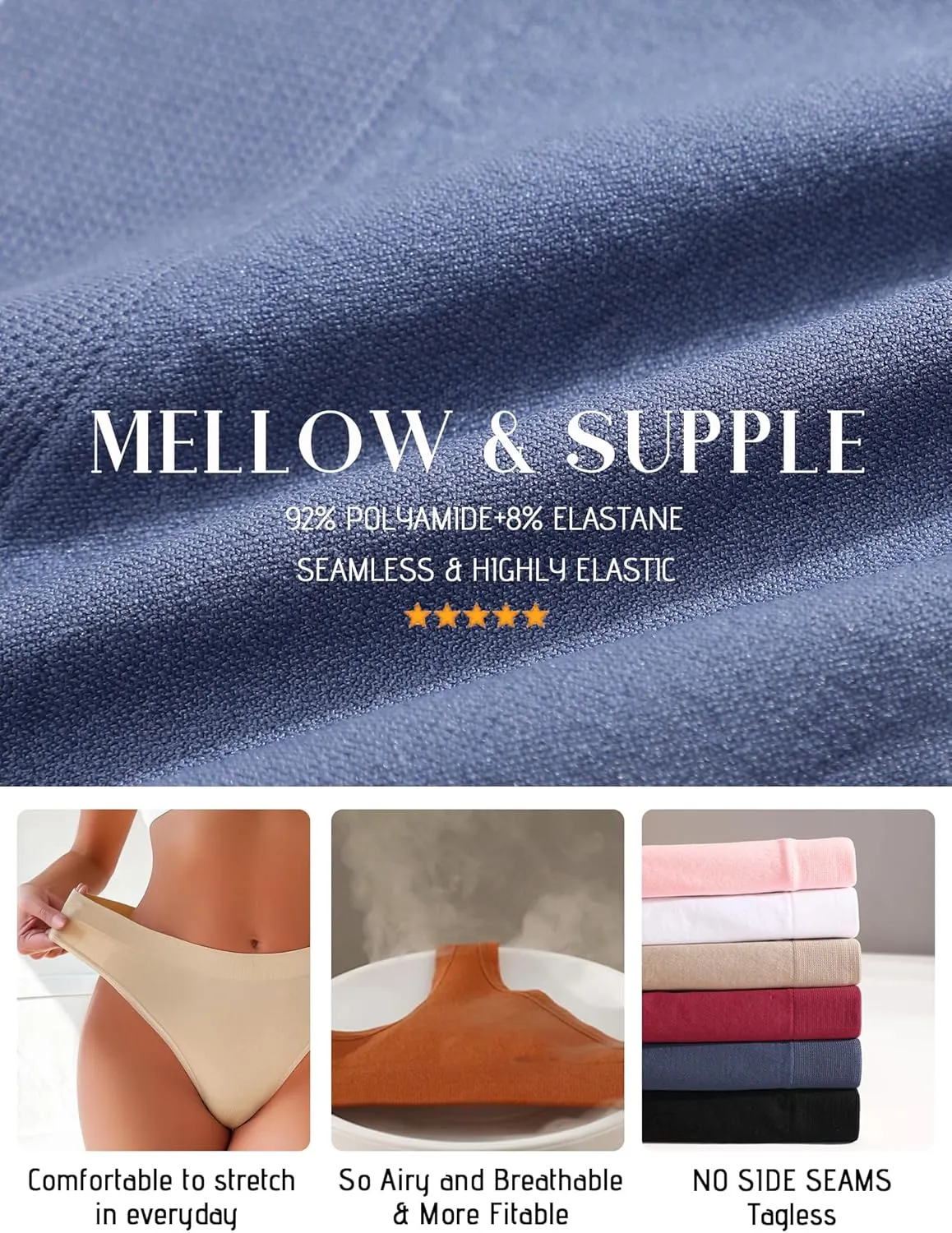 Womens Underwear Breathable Seamless Thongs 6 Pack Comfortable No Show High Waisted Thong Tangas Panties