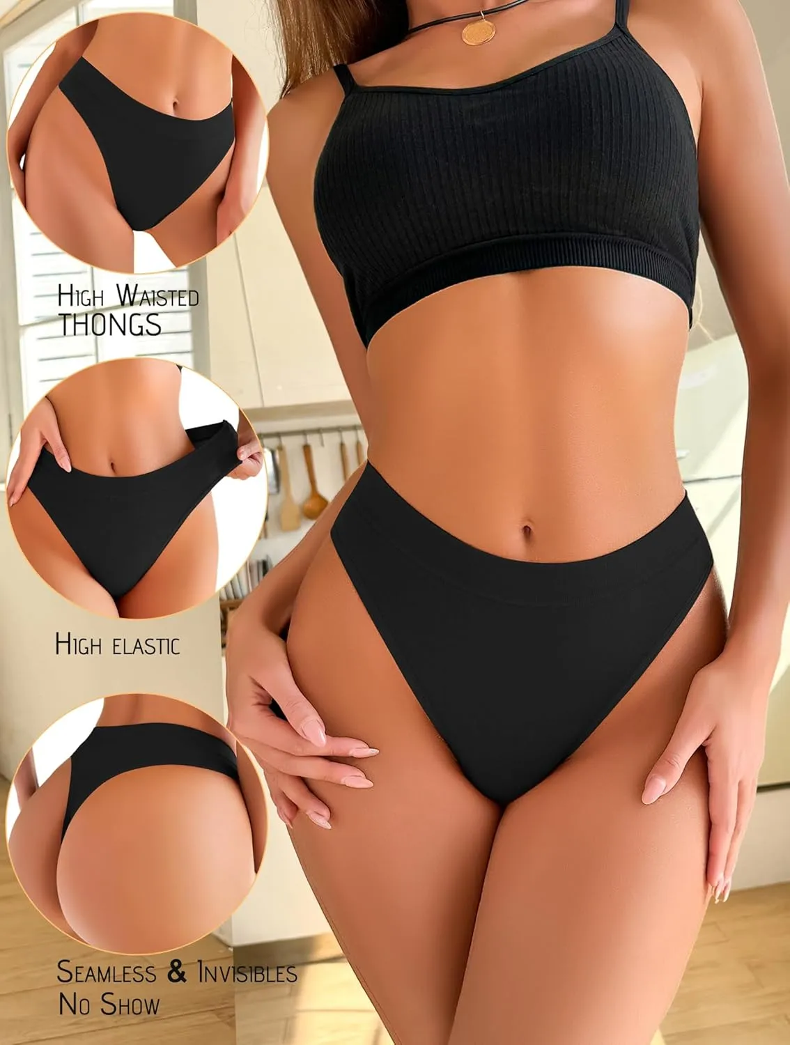 Womens Underwear Breathable Seamless Thongs 6 Pack Comfortable No Show High Waisted Thong Tangas Panties